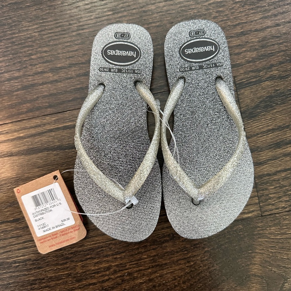 BNWT Girls Havaianas Silver Black Glitter 27/28 11/12